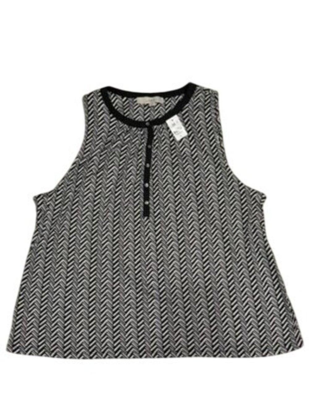 LOFT Black/Tan/White Sleeveless Top With Button Front Chevron Print 100% Cotton